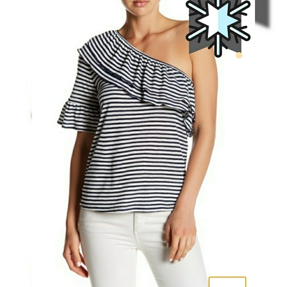 One shoulder striped navy ruffle tee